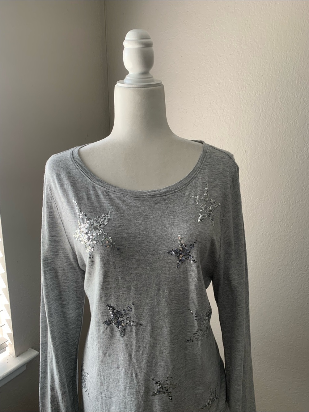 Talbots Silver Gray Sequin Star Long-Sleeve Tee - Picture 2 of 5